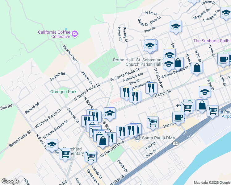 map of restaurants, bars, coffee shops, grocery stores, and more near 249 West Santa Barbara Street in Santa Paula