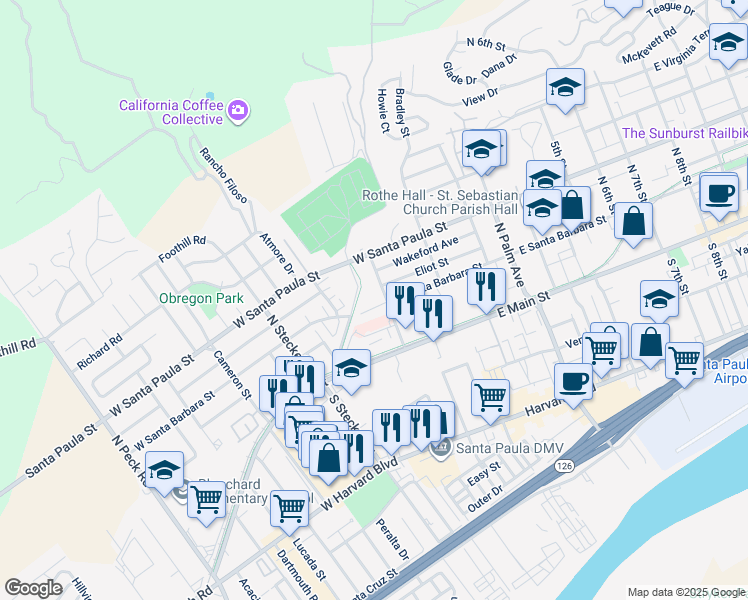 map of restaurants, bars, coffee shops, grocery stores, and more near 270 West Santa Barbara Street in Santa Paula