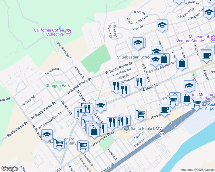 map of restaurants, bars, coffee shops, grocery stores, and more near 270 West Santa Barbara Street in Santa Paula