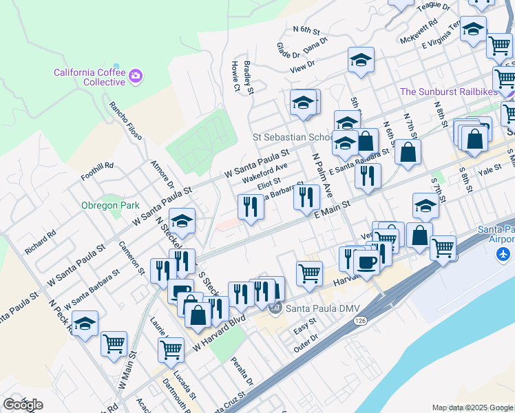 map of restaurants, bars, coffee shops, grocery stores, and more near 218 West Santa Barbara Street in Santa Paula