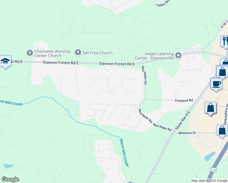 map of restaurants, bars, coffee shops, grocery stores, and more near 8 Box Car Way East in Dawsonville