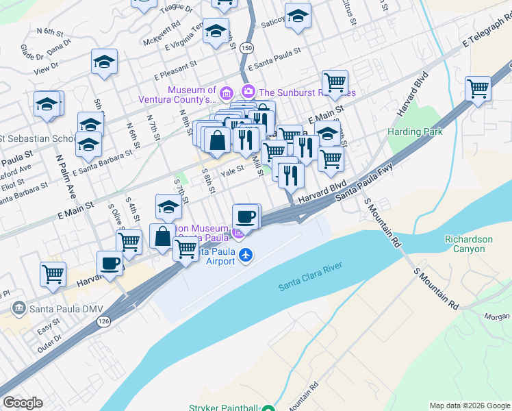 map of restaurants, bars, coffee shops, grocery stores, and more near 879 Harvard Boulevard in Santa Paula