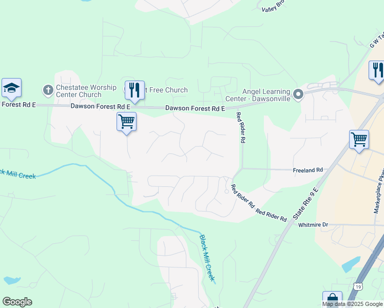 map of restaurants, bars, coffee shops, grocery stores, and more near 8 Box Car Way East in Dawsonville