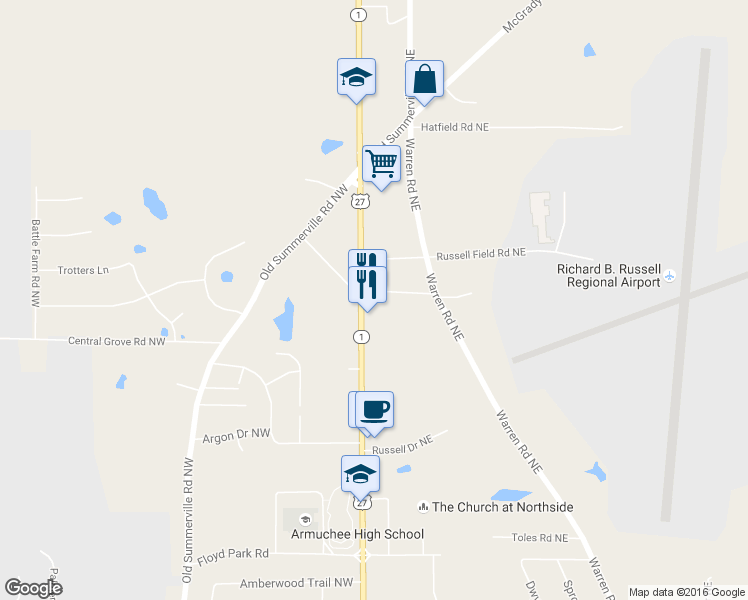 map of restaurants, bars, coffee shops, grocery stores, and more near 4534 Martha Berry Hwy in Rome