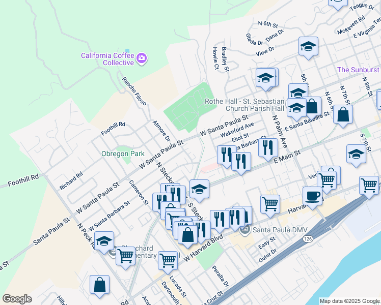map of restaurants, bars, coffee shops, grocery stores, and more near 221 Atmore Drive in Santa Paula