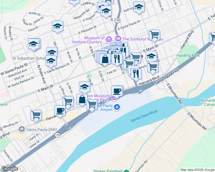 map of restaurants, bars, coffee shops, grocery stores, and more near 215 South 8th Street in Santa Paula