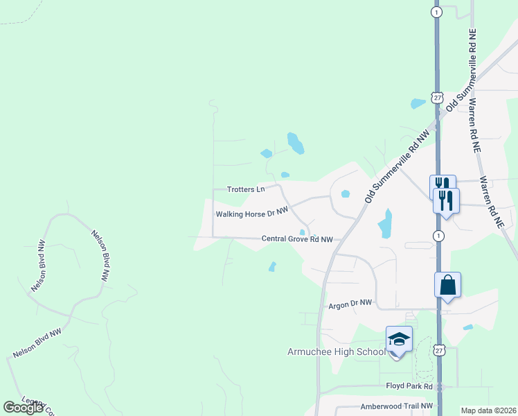 map of restaurants, bars, coffee shops, grocery stores, and more near 26 Walking Horse Drive Northwest in Rome