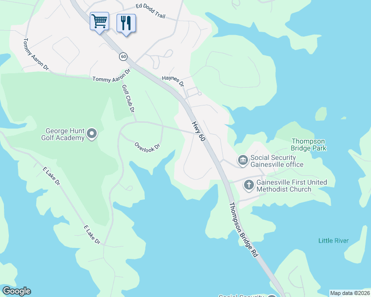 map of restaurants, bars, coffee shops, grocery stores, and more near 139 Woodlake Drive in Gainesville