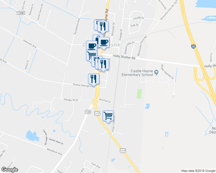 map of restaurants, bars, coffee shops, grocery stores, and more near 5400 Blossom Street in Castle Hayne