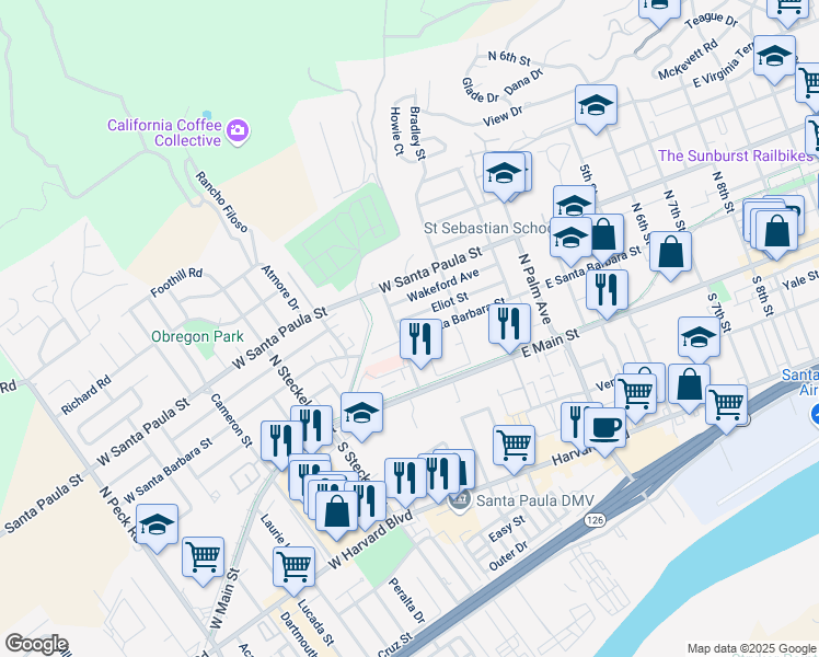 map of restaurants, bars, coffee shops, grocery stores, and more near 229 West Santa Barbara Street in Santa Paula