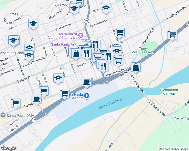 map of restaurants, bars, coffee shops, grocery stores, and more near in Santa Paula