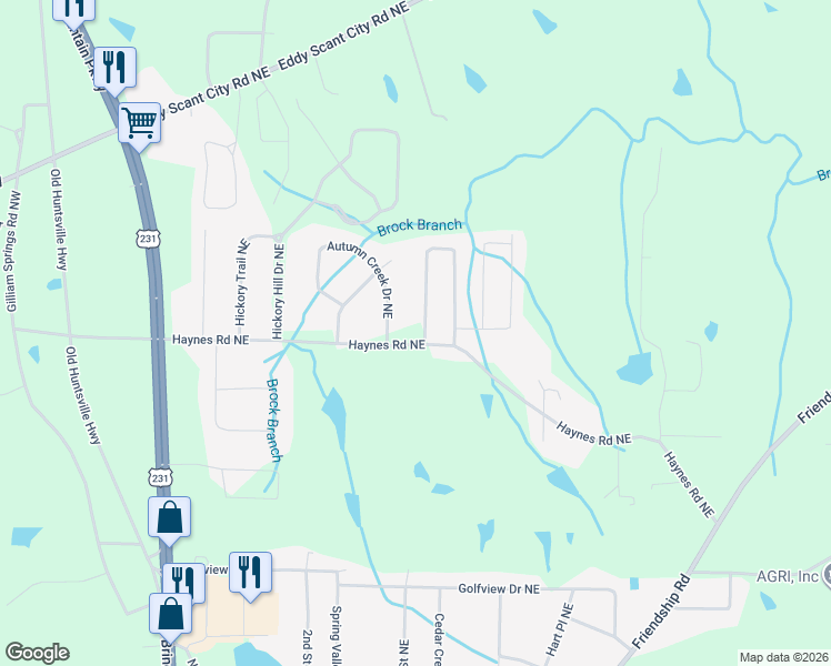 map of restaurants, bars, coffee shops, grocery stores, and more near 373 Haynes Road Northeast in Arab