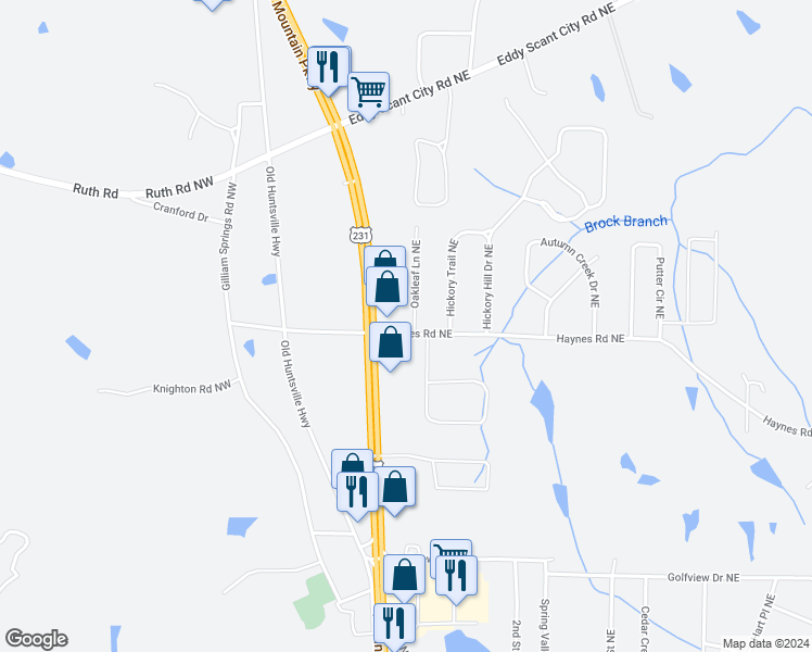 map of restaurants, bars, coffee shops, grocery stores, and more near 1907 Oakleaf Lane Northeast in Arab