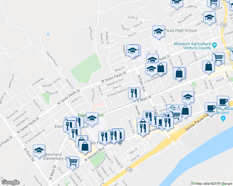 map of restaurants, bars, coffee shops, grocery stores, and more near 201 Eliot Street in Santa Paula