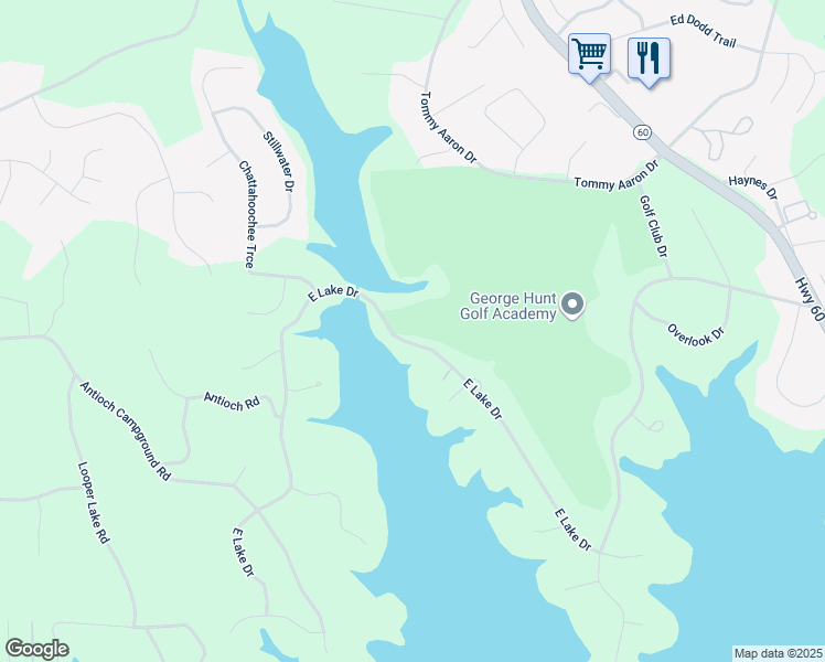 map of restaurants, bars, coffee shops, grocery stores, and more near 644 East Lake Drive in Gainesville