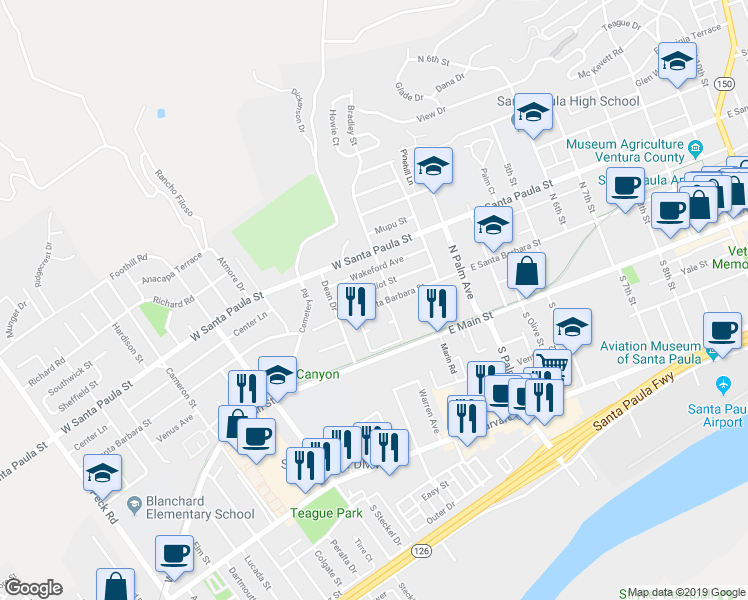 map of restaurants, bars, coffee shops, grocery stores, and more near 201 Eliot Street in Santa Paula