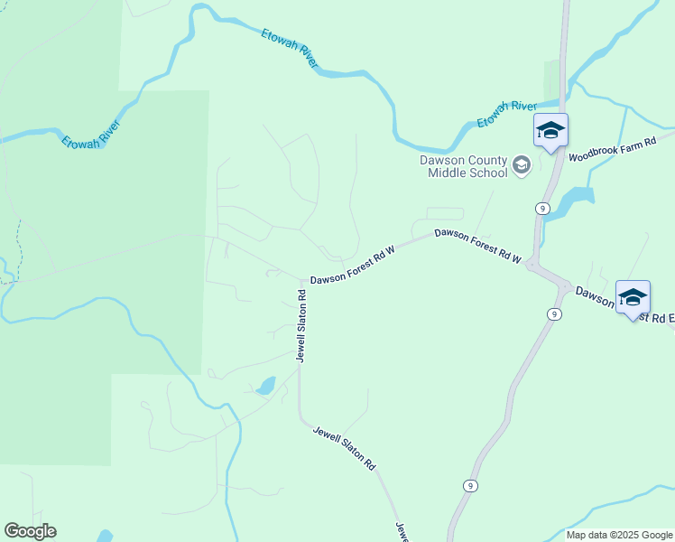 map of restaurants, bars, coffee shops, grocery stores, and more near 7 Etowah Parkway in Dawsonville