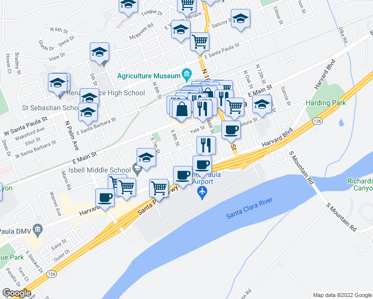 map of restaurants, bars, coffee shops, grocery stores, and more near 822 East Ventura Street in Santa Paula