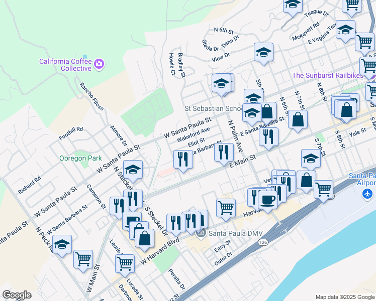 map of restaurants, bars, coffee shops, grocery stores, and more near 213 West Santa Barbara Street in Santa Paula