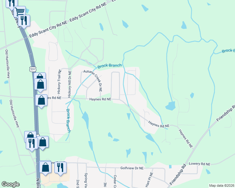 map of restaurants, bars, coffee shops, grocery stores, and more near 1992 Putter Circle Northeast in Arab