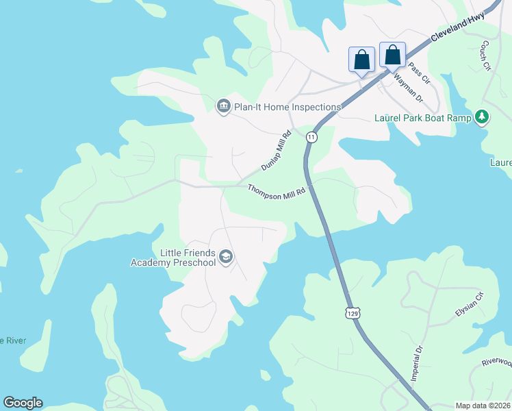 map of restaurants, bars, coffee shops, grocery stores, and more near 2403 Thompson Mill Road in Gainesville