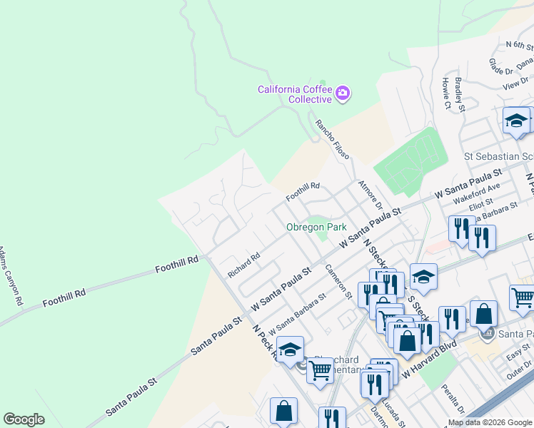 map of restaurants, bars, coffee shops, grocery stores, and more near Foothill Road in Santa Paula