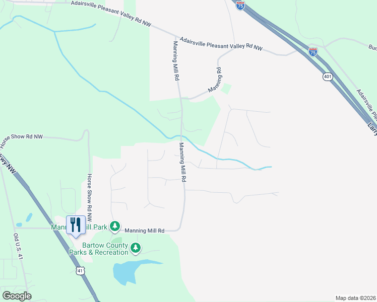 map of restaurants, bars, coffee shops, grocery stores, and more near 119 Manning Mill Road in Adairsville