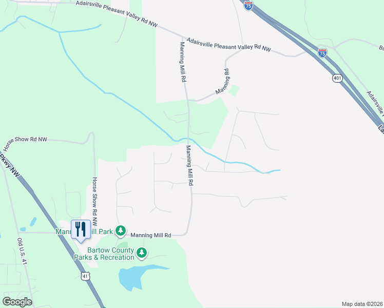 map of restaurants, bars, coffee shops, grocery stores, and more near 119 Manning Mill Road in Adairsville