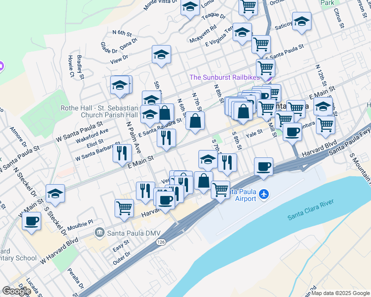 map of restaurants, bars, coffee shops, grocery stores, and more near 505 East Main Street in Santa Paula