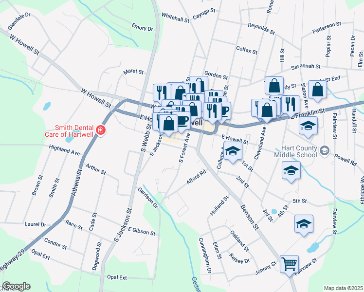 map of restaurants, bars, coffee shops, grocery stores, and more near 201 Benson Street in Hartwell