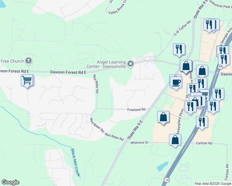 map of restaurants, bars, coffee shops, grocery stores, and more near 76 Hedgewood Lane in Dawsonville