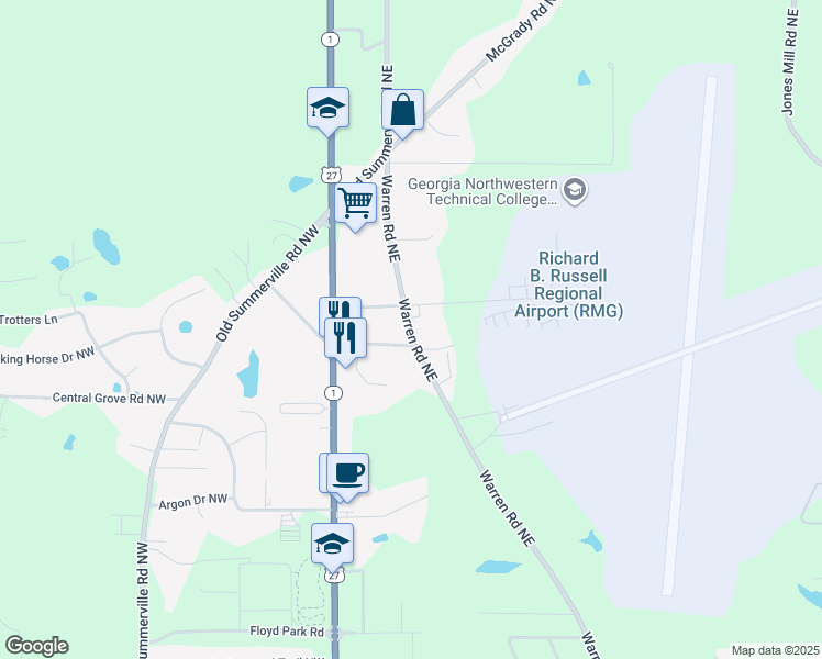 map of restaurants, bars, coffee shops, grocery stores, and more near 701 Warren Road Northeast in Rome