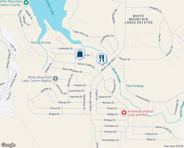 map of restaurants, bars, coffee shops, grocery stores, and more near 8386 Bear Meadow Drive in Show Low
