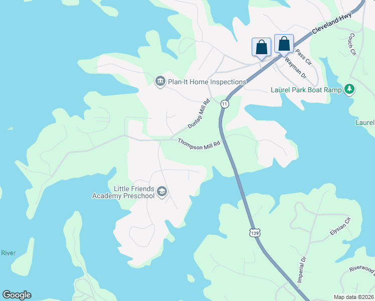 map of restaurants, bars, coffee shops, grocery stores, and more near 2403 Thompson Mill Road in Gainesville