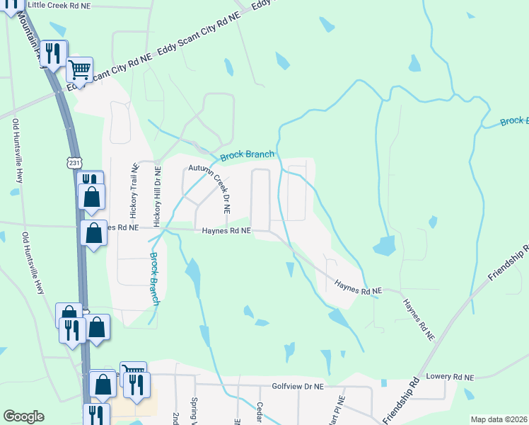 map of restaurants, bars, coffee shops, grocery stores, and more near 1992 Putter Circle Northeast in Arab