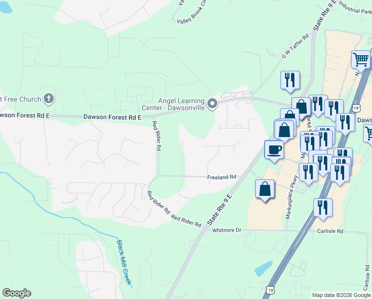 map of restaurants, bars, coffee shops, grocery stores, and more near 76 Hedgewood Lane in Dawsonville