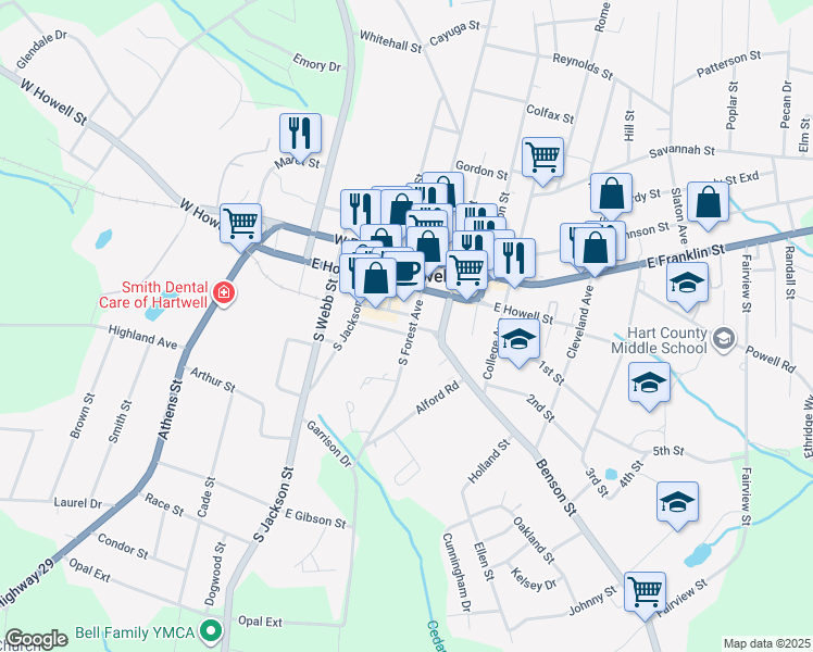 map of restaurants, bars, coffee shops, grocery stores, and more near 201 Benson Street in Hartwell