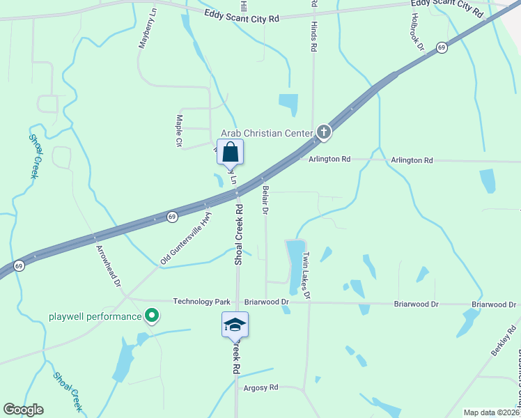 map of restaurants, bars, coffee shops, grocery stores, and more near 64 Belair Drive in Arab