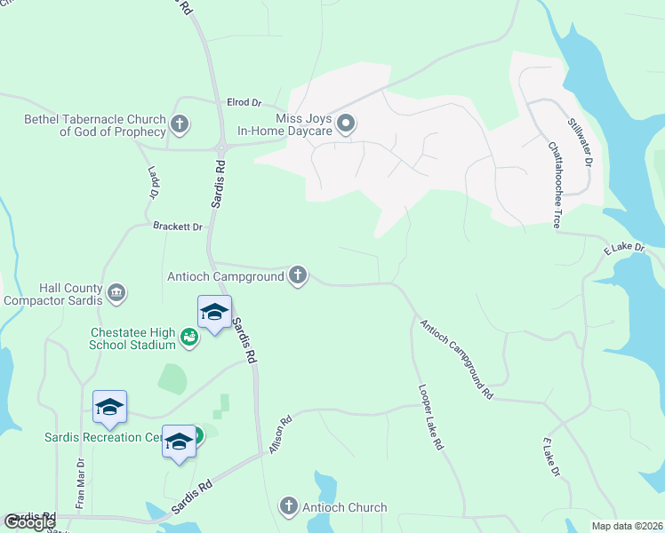 map of restaurants, bars, coffee shops, grocery stores, and more near 3191 Antioch Campground Road in Gainesville