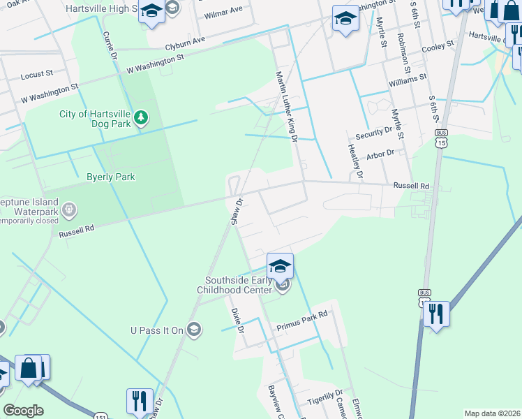 map of restaurants, bars, coffee shops, grocery stores, and more near 1416 Flag Street in Hartsville
