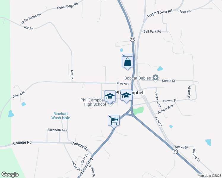 map of restaurants, bars, coffee shops, grocery stores, and more near 71 McClung Avenue in Phil Campbell
