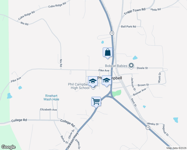 map of restaurants, bars, coffee shops, grocery stores, and more near 71 Mc Clung Avenue in Phil Campbell