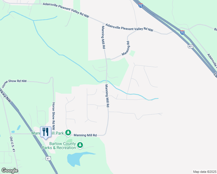 map of restaurants, bars, coffee shops, grocery stores, and more near 117 Manning Mill Road in Adairsville