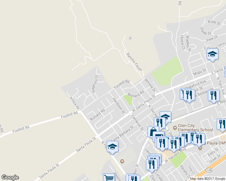 map of restaurants, bars, coffee shops, grocery stores, and more near 452 Cameron Street in Santa Paula