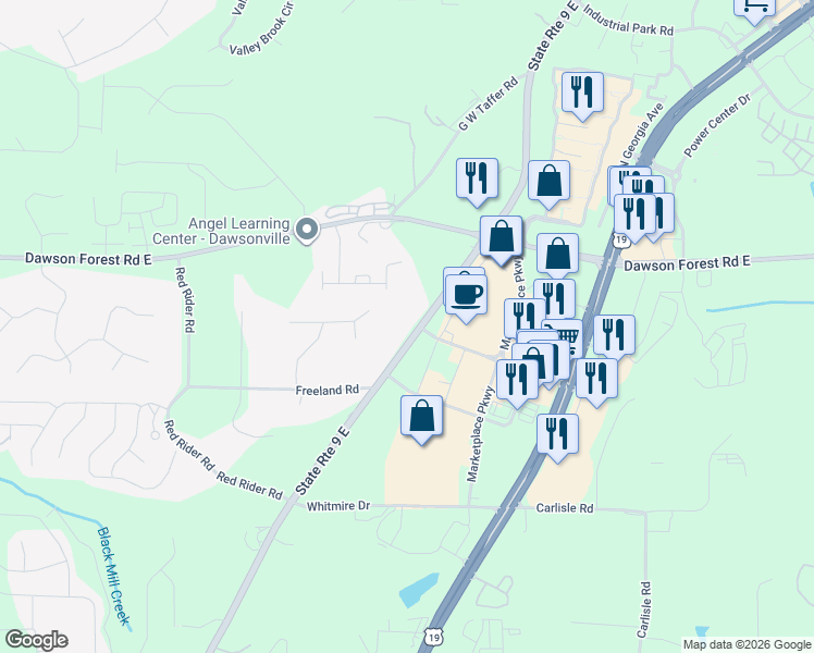 map of restaurants, bars, coffee shops, grocery stores, and more near 1402 Lumpkin Campground Road South in Dawsonville