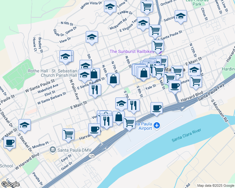 map of restaurants, bars, coffee shops, grocery stores, and more near 612 East Main Street in Santa Paula