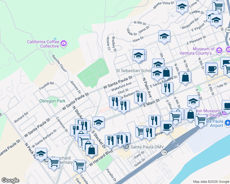 map of restaurants, bars, coffee shops, grocery stores, and more near 220 Wakeford Avenue in Santa Paula