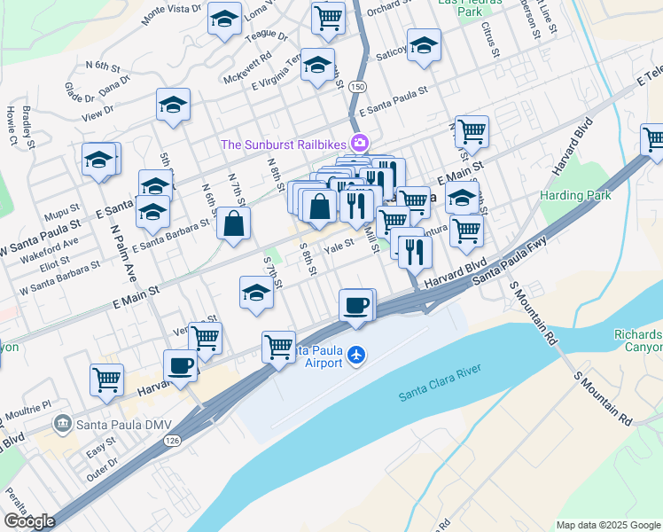 map of restaurants, bars, coffee shops, grocery stores, and more near 213 Green Street in Santa Paula