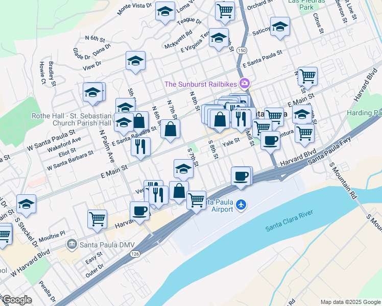 map of restaurants, bars, coffee shops, grocery stores, and more near 114 South 7th Street in Santa Paula