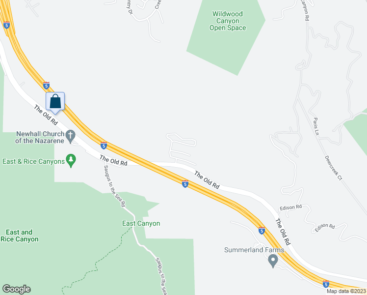 map of restaurants, bars, coffee shops, grocery stores, and more near 23500 The Old Road in Los Angeles County